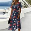 Women’s V Neck Short Sleeve Midi Dress with Firework and Star Print A Line Lightweight Fabric for Daily Wear