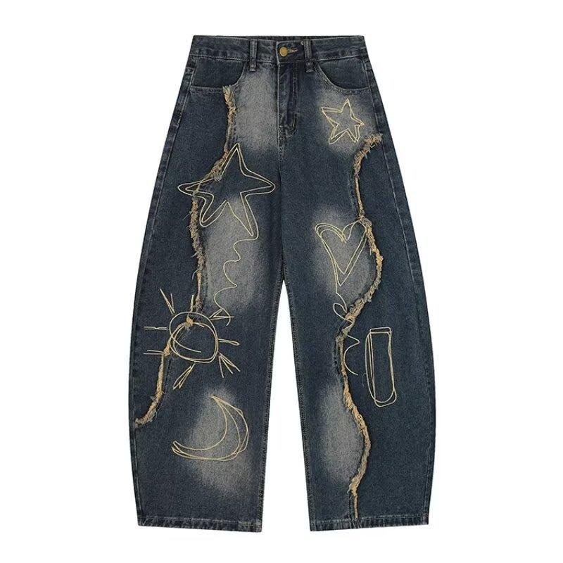 Jeans Larghi Unisex a Vita Media Deostrutturati Vestibilità Larga Vintage Americano Lavato Baggy in Denim Pantaloni Rilassati Lunghi Fino a Terra