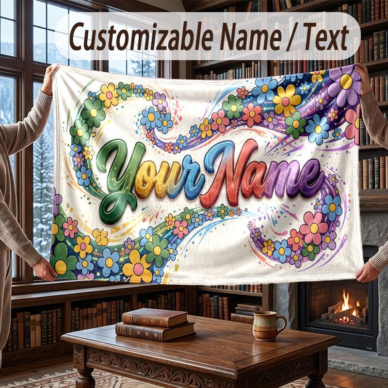 Floral Garden Theme Throw Blanket Custom Name Text Personalized Blanket Soft Cozy Blanket for Home Sofa Bed