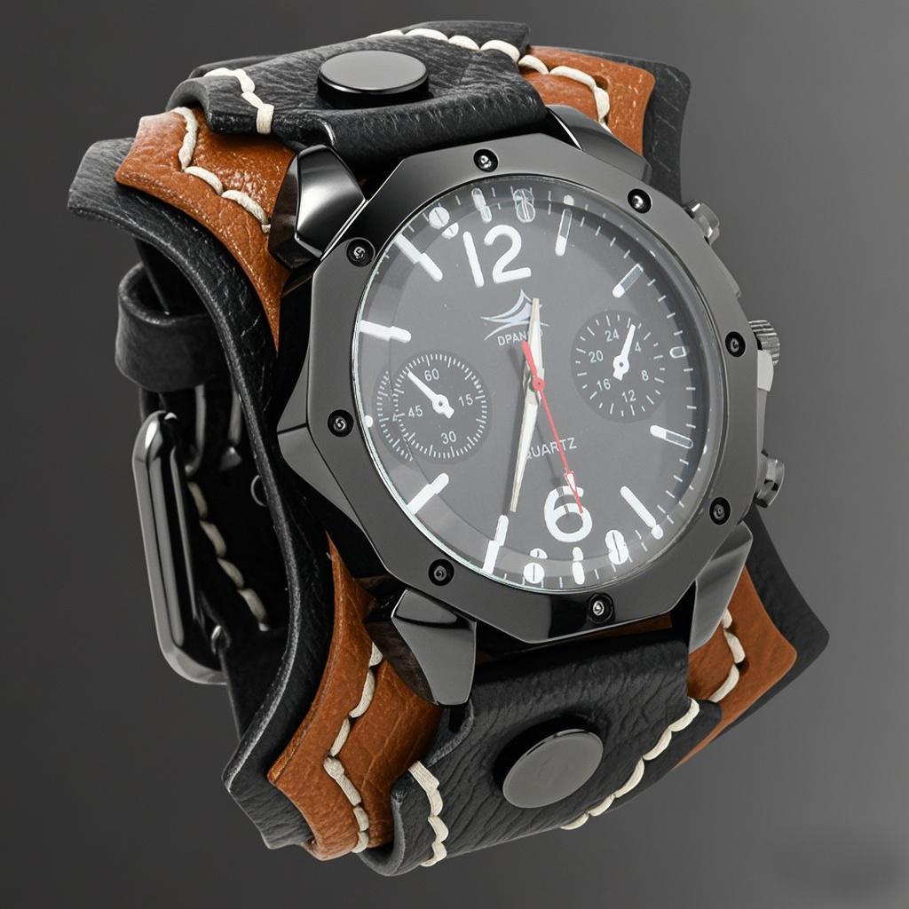 Men'S Punk Rock Style Large Dial Quartz Watch Vintage Multi Layer Hand Stitched Cowhide Strap