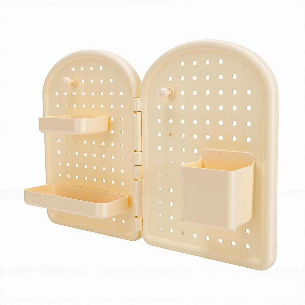 Pen Holder Desk Organizer Wall Mounted Plastic Corner Pegboard for Students Home Office with Adhesive Hooks Cream Yellow