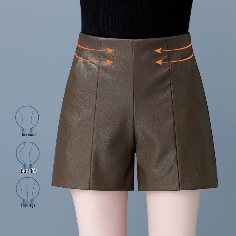 New Women's High-Waist Leather Bootcut Shorts - 2025 Autumn/Winter Sheepskin Outerwear