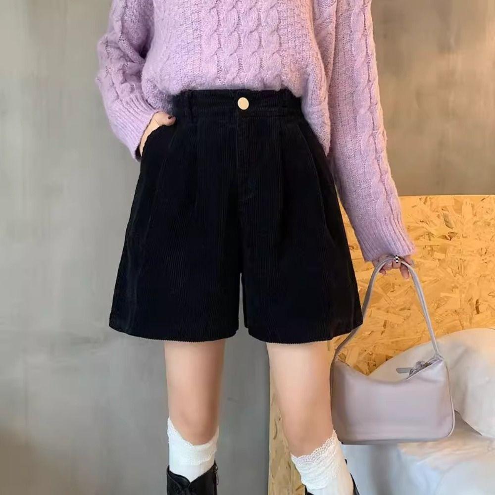 Elastic Women Corduroy Shorts High Waist Loose Streetwear Casual Wide Leg Short Pants  Girl