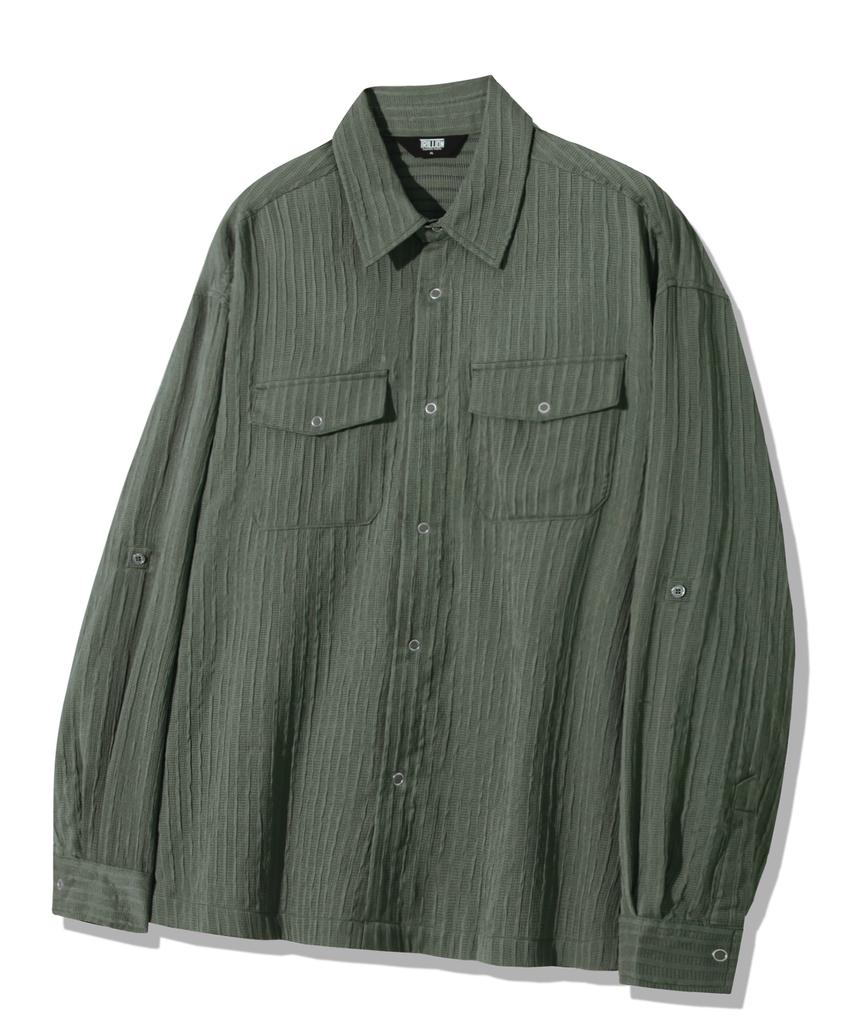 TRILLION Wrinkle Sheer Oversized Roll-Up Long Sleeve Shirt_Khaki