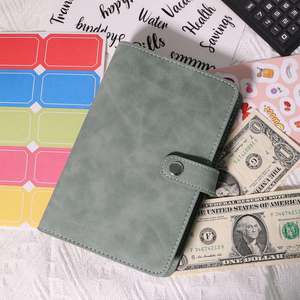 A6 Macaroon Leather Notebook Binder with 12 Refillable Zippered Pockets for Bills and Coins