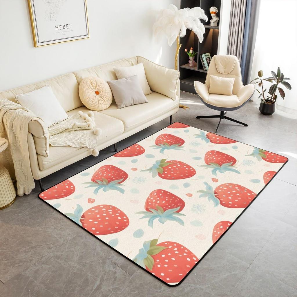 Pink Strawberry Area Rug Kawaii Fruit Print Rugs Mat for Living Room Bedroom Decorative Cute Carpet Non Slip Area Runner Rug