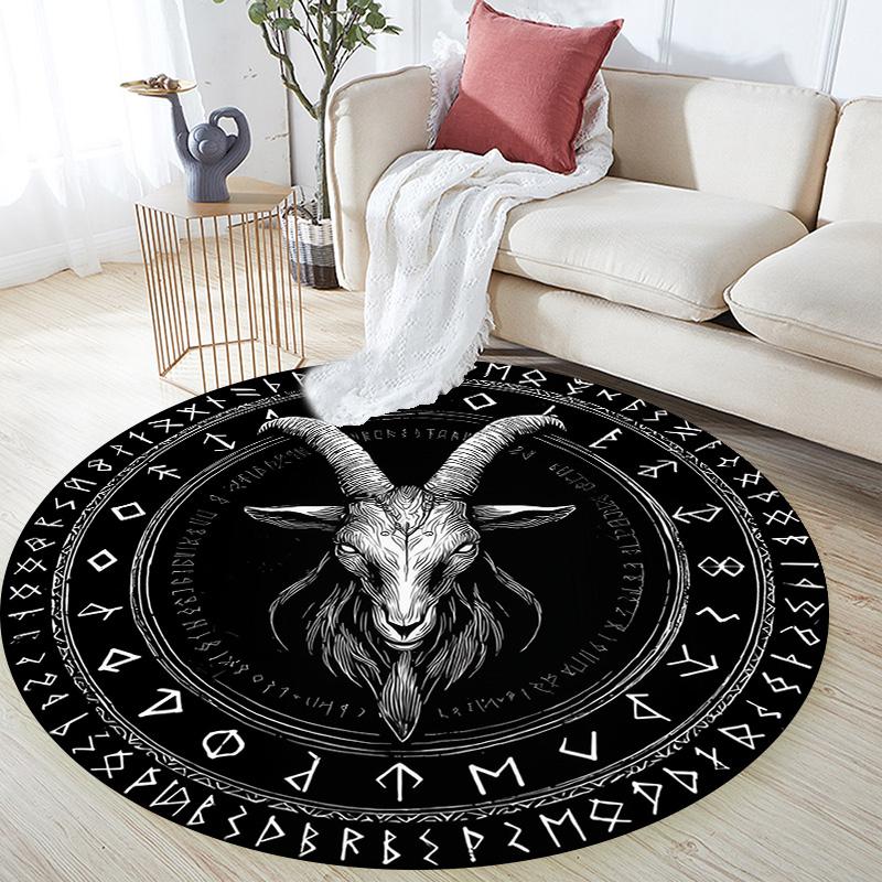 Tappeto Rotondo con Testa di Ariete Runica, Tappeto per Soggiorno Camera da Letto Divano Sala Giochi Decorazione, Tappetino Antiscivolo