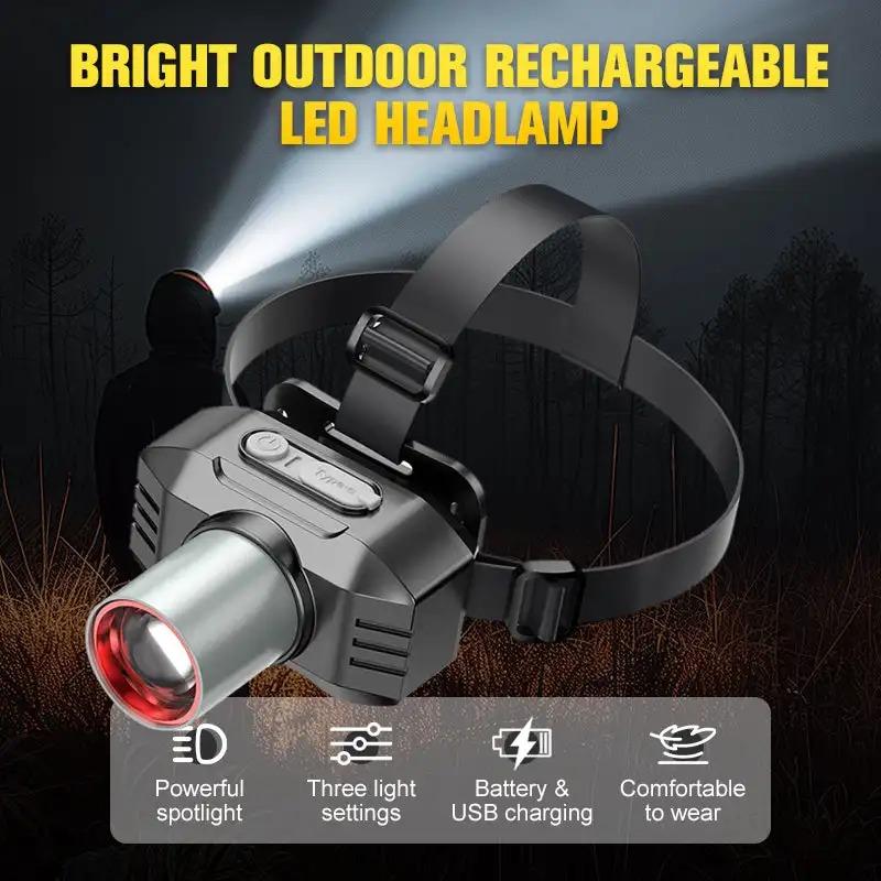 1200mAh Strong Light LED Headlight Super Bright Zoom Head Mounted Flashlight USB Rechargeable Portable Camping EDC Torch Fishing Lantern