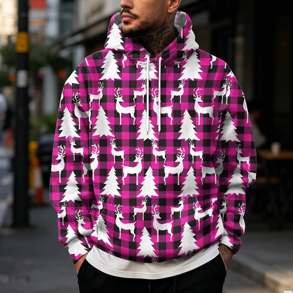 Julehættetrøje til mænd med stort print og store lommer, afslappet løstsiddende pullover til ferien
