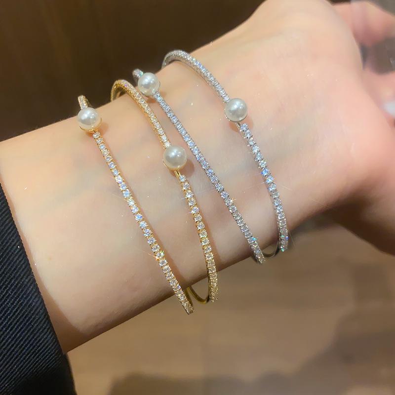Korean Style Elegant Multi-Layer Pearl & Cubic Zirconia Open Bangle Bracelet