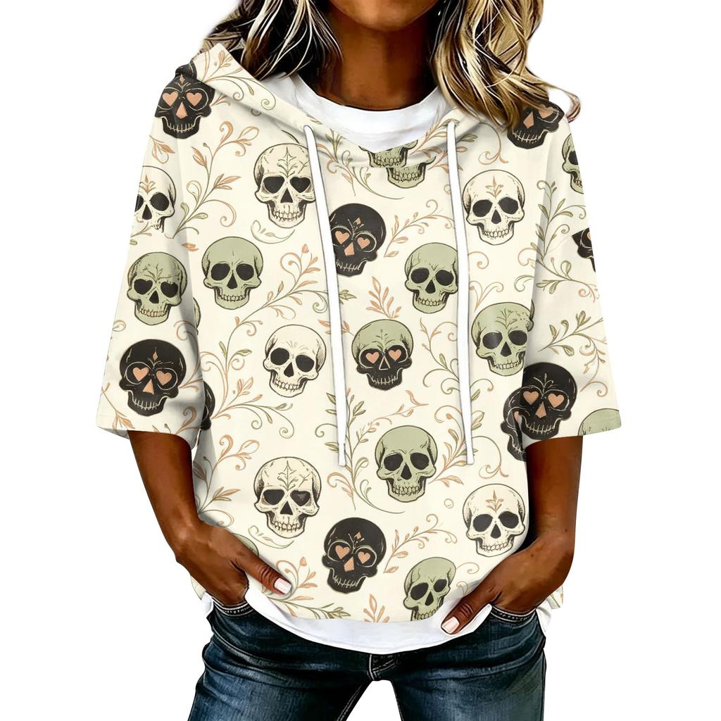 Women's Halloween Printed Hooded 3/4 Sleeve Casual Loose Fit Pullover