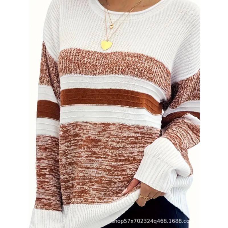 Womens Striped Color Block Crew Neck Loose Long Sleeve Knit Sweater