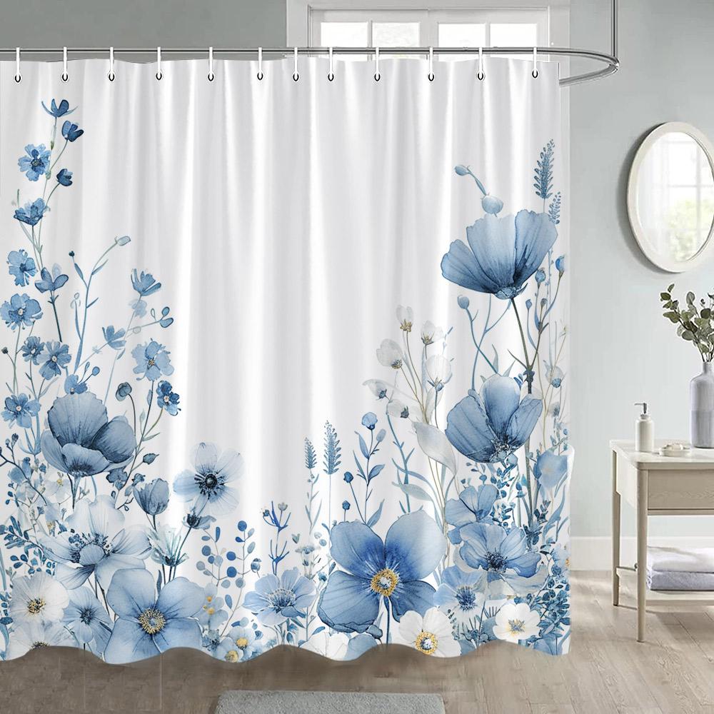 Floral Shower Curtains Watercolour Blue Purple Flowers Butterfly Leaves Plant Bath Curtain Polyester Bathroom Decor with Hooks