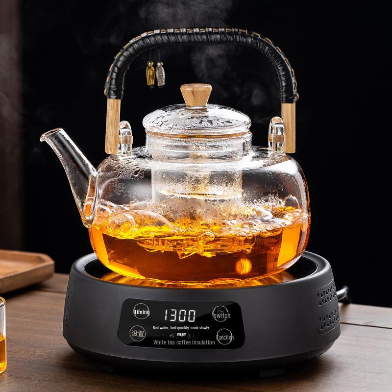 2024 Electric Ceramic Tea Maker and Glass Kettle Set - High Temperature Resistant for Steaming and Boiling, Integrated White Tea Set.