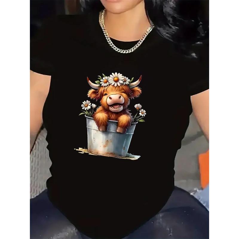 Short Sleeve T-Shirt For Women | Fabric, Casual Wear For Home Or Restaurant, Lightweight And Durable, Featuring Cute Cow In Bucket Design With Flowers