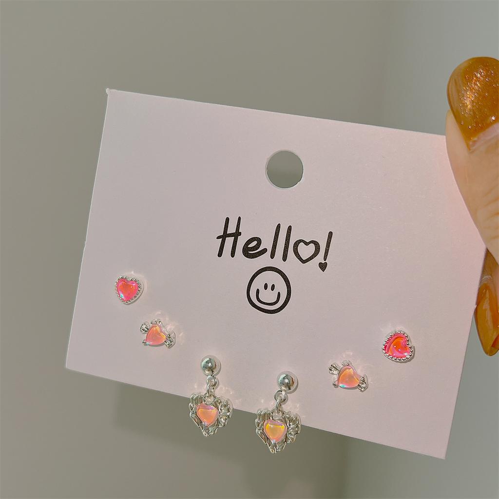 INS Y2K Pink Heart Stud Earrings for Women Girls Bow Dangle Earring Set Sweet Crystal Earring Fashion Jewelry