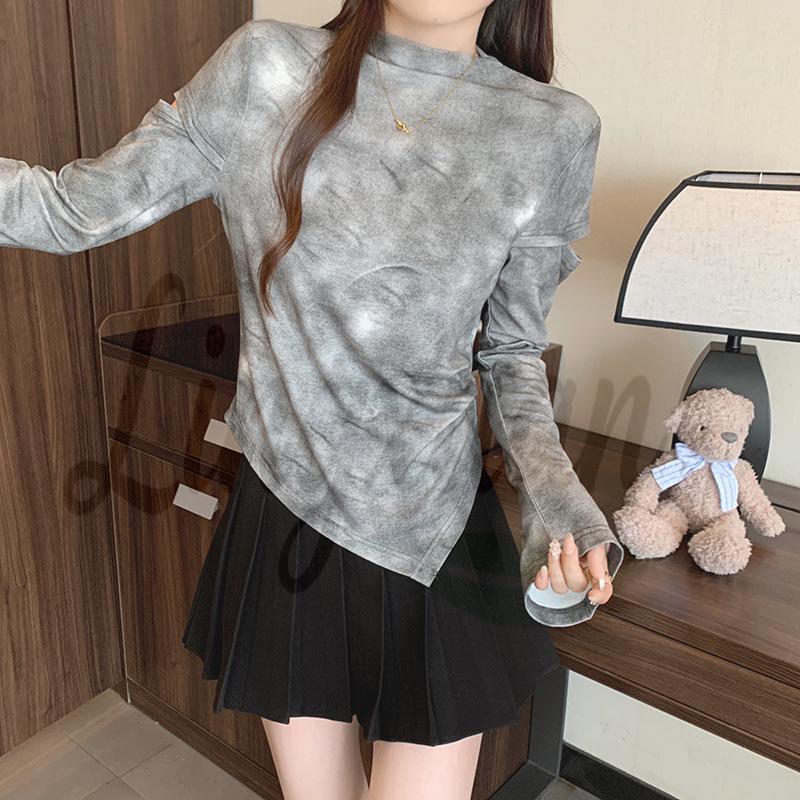 Spring 2026 Plus Size Tie-Dye Ripped Irregular Long Sleeve Women s T-shirt 2XL