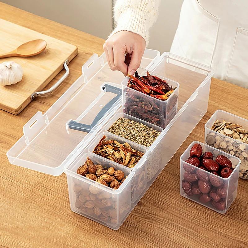 6 Grids Sealed Plastic Storage Box With Handle Portable Large Capacity Spice Storage Container Clear Kitchen Organizer
