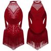 Girls Sparkly Rhinestones Ruched Mesh Drapes Cutout Tassel Leotard Latin Dance Costume