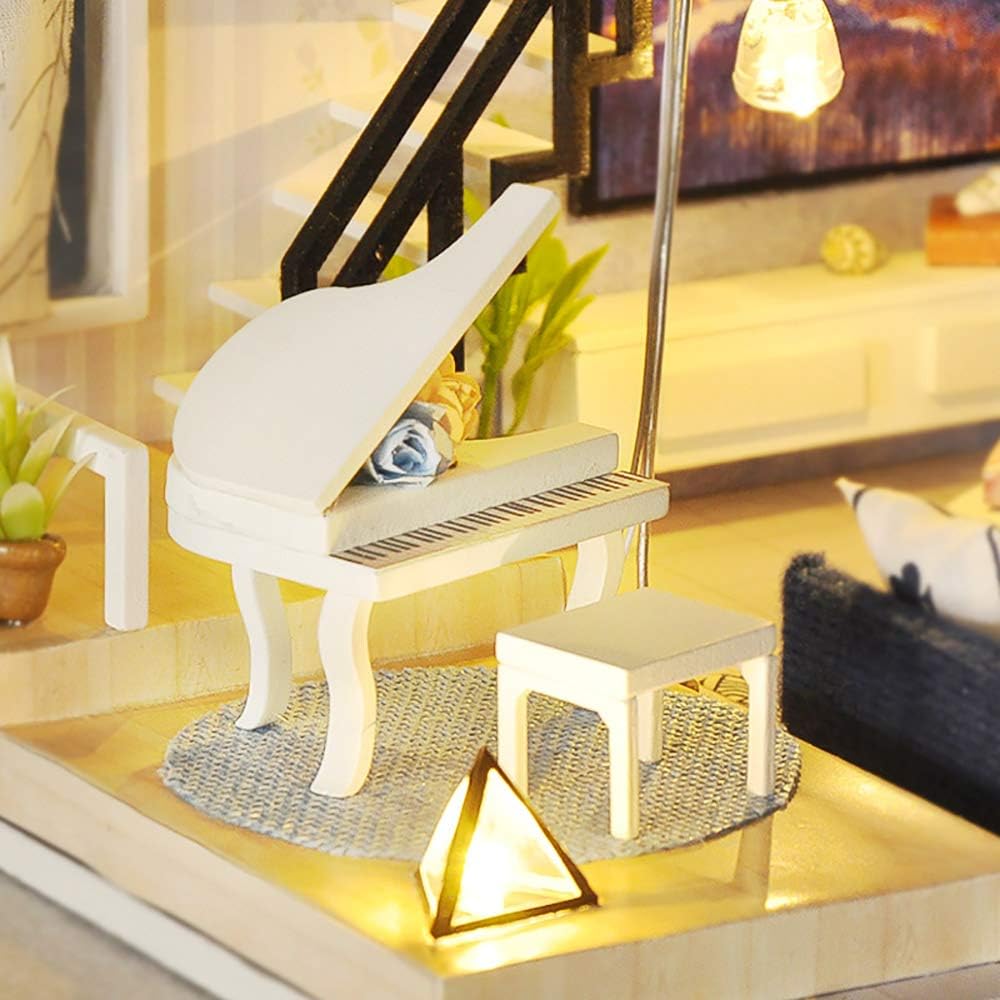 Moin Moin Dollhouse Miniature Handmade Kit Modern Two-Story Model Room with LED Light and Acrylic Case