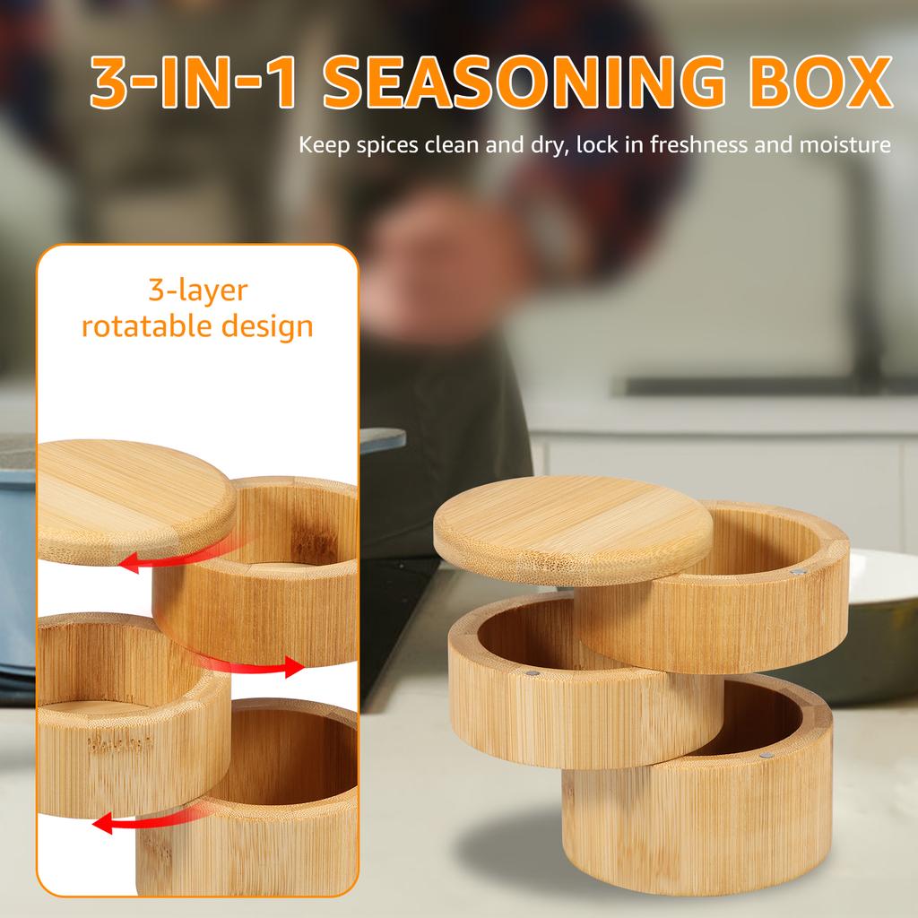 3Tier Salt Box Spice Jar Kitchen Seasoning Jar Bamboo Pepper Container Jar with Magnetic Lid Candy Earring Jewelry Salt Storage