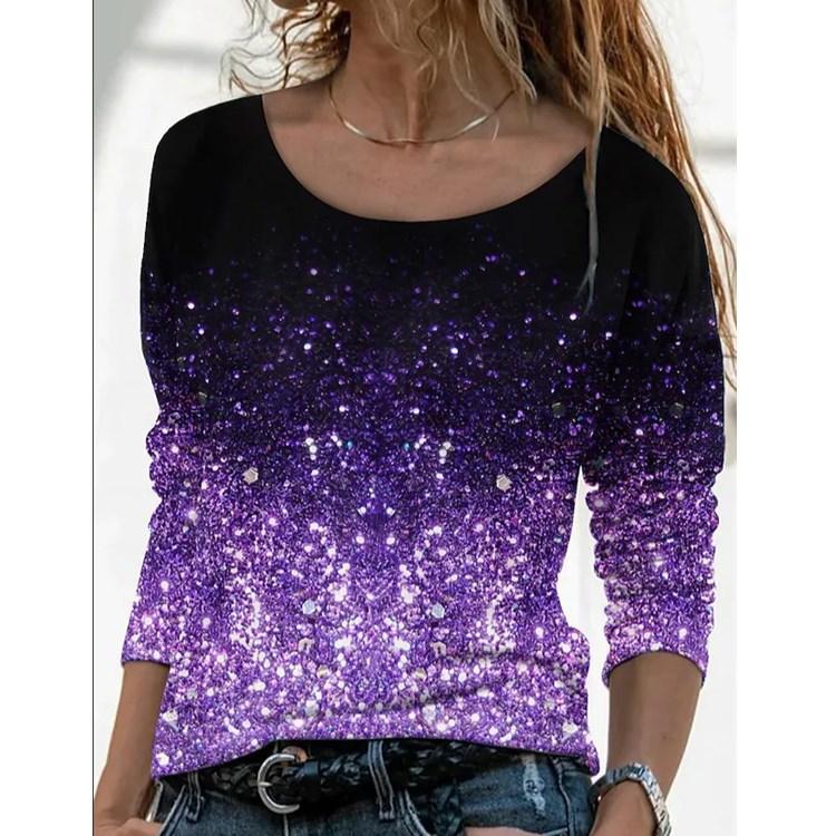 Round Neck 3D Flowers Gradually Sparkling Printed Top Fashionable Casual Long Sleeved Women's T-shirts