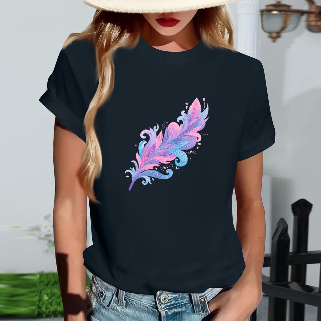 Women's Fashionable Round Neck Casual Retro Print Short Sleeved T-shirt Top