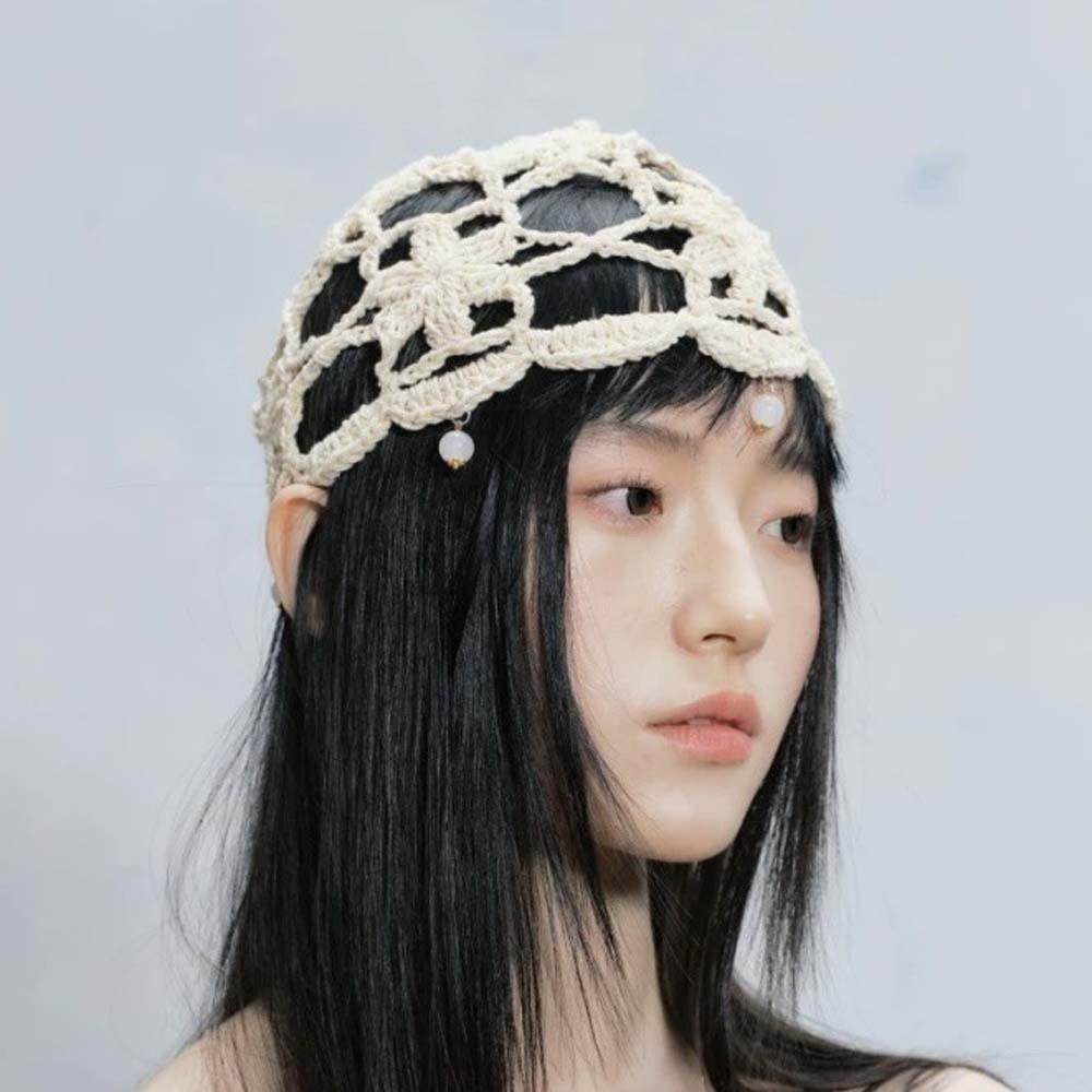 Handmade Crochet Flower Knitted Hat Bohemian Style Woven Cap Cute Hollowed Out Beanie Cap  Women