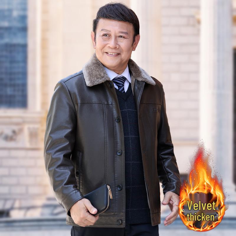 Men's 50+ Velvet-Lined Leather Jacket for Winter, Suitable for Middle-Aged & Elderly