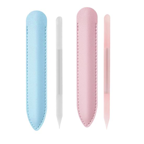2Pcs/Set Glass Cuticle Pusher Nail File Easy Cleaning Double Sided Glass Manicure Stick with Imitation Leather Case Cuticle Remover Tool