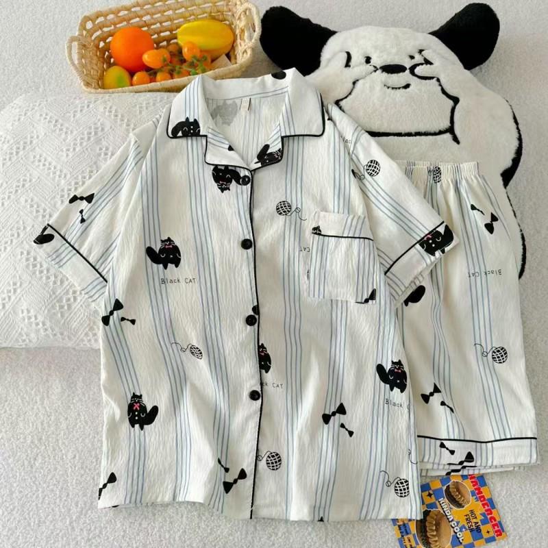Women's Summer Cloud Cotton Pajama Set: Sweet Cute Cardigan with Short-Sleeved Top and Shorts.