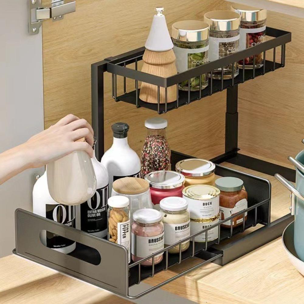 

Slide Out Under Sink Organizer Carbon Steel Cabinet Storage Shelves for Kitchen Bathroom білий