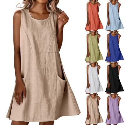 Cotton Linen Sleeveless Mini Dress for Women Casual A Line Tank Dress with Pockets Summer Loose Fit Beach Outfits