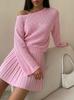 2026 New Women's Hollow Knit Sweater Set Loose Lazy Style with Pleated Mini Skirt 2 Piece
