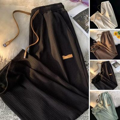 Mid-rise Elastic Waistband Men Pants Drawstring Pockets Ribbed Fast Drying Summer Ultra-thin Ice Silk Casual Trousers Streetwear