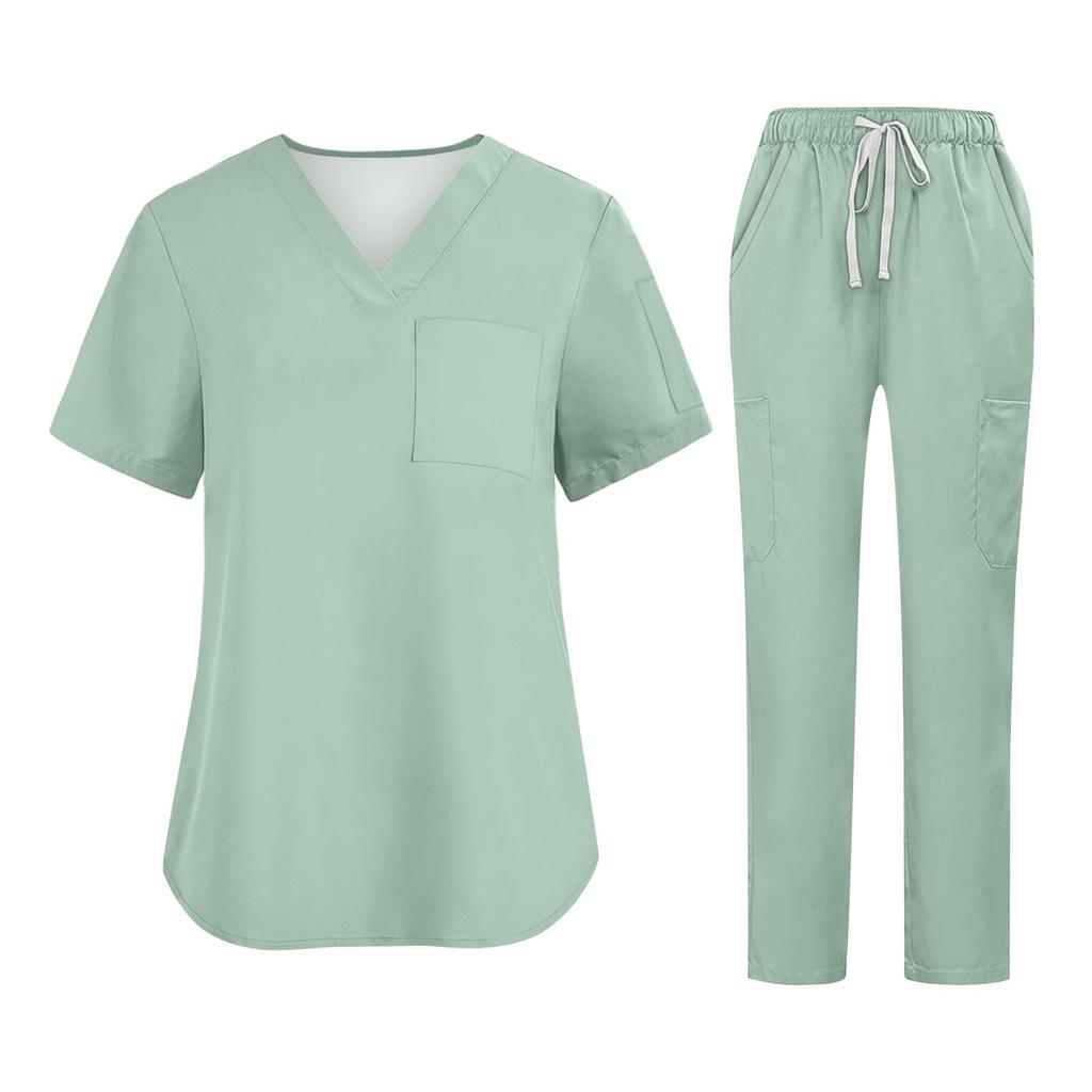 Soild Scrub Working Uniform Suit For Women's Cross V-Neck Short Sleeve Fun T-Shirts Workwear Tee With Pockets