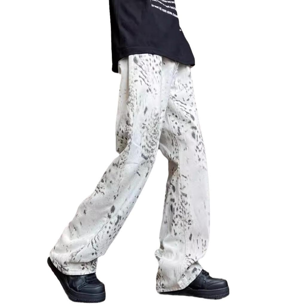 American Retro Leopard Print Camouflage Jeans Men's Vintage Trendy Brand High-end Loose Wide-leg Straight Trousers