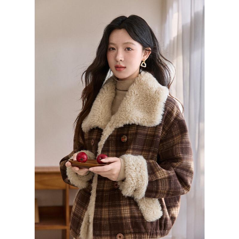 Mixiu Women's Retro Plaid Lamb Wool Padded Jacket