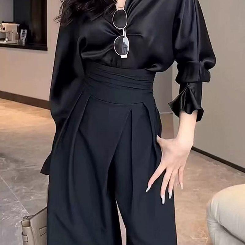 LenteHerfst KoreaanseStijl Hoge Taille Wijde Pijpen Broek voor Dames Gedrapeerd Slankmakend Relaxed Pakbroek Vloerlengte