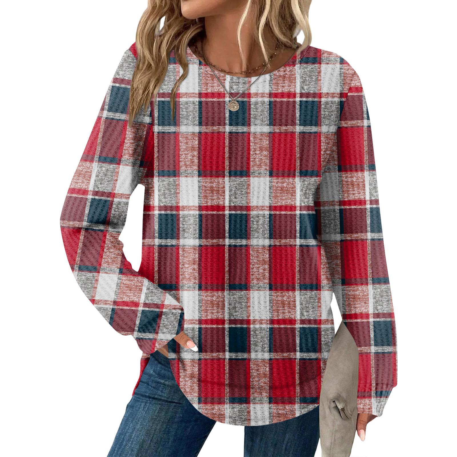 

Женский повседневный топ свободного кроя с круглым вырезом и длинными рукавами в клетку XL красный