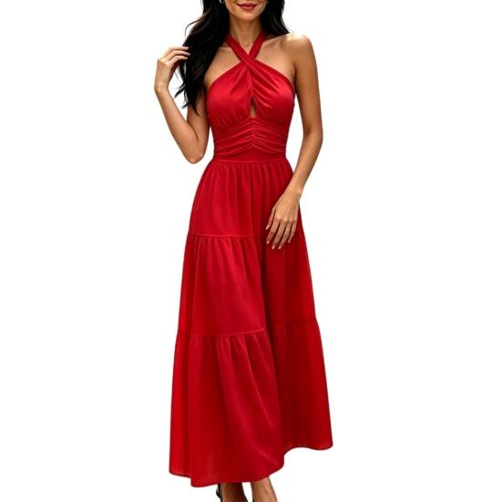 Women s Sleeveless Halter Maxi Dress Crisscross Ruched Backless Tiered A-line Swing M красный