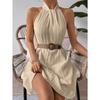 Summer Sleeve White Loose Dress Fashion Women's Hanging Neck Pleated Dress Party Casual Elegant Sweet A-line Short Dress Holiday Clothing