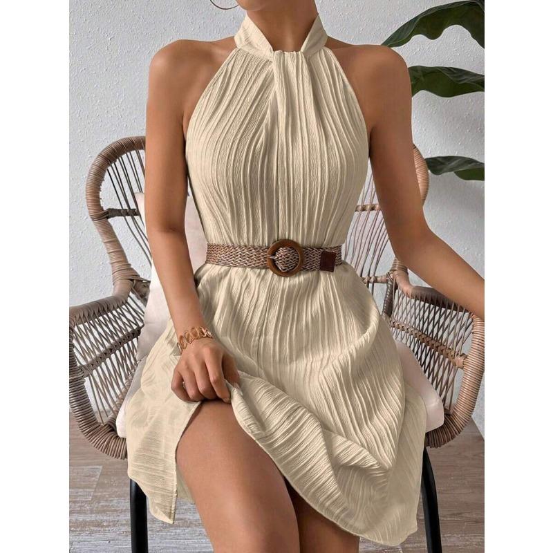 Summer Sleeve White Loose Dress Fashion Women's Hanging Neck Pleated Dress Party Casual Elegant Sweet A-line Short Dress Holiday Clothing