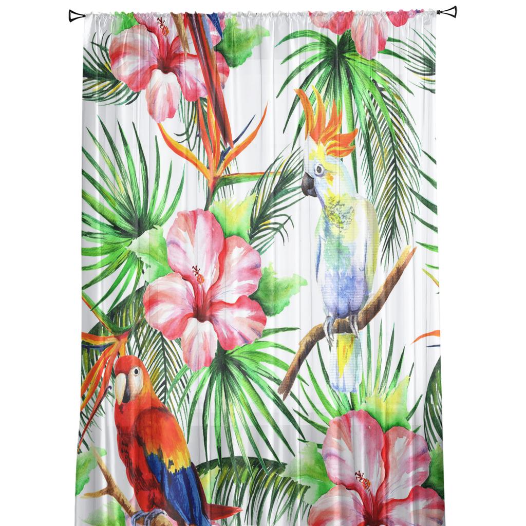 Bunte Papageien Tropische Pflanzen Tüll Transparente Fenstervorhänge für Wohnzimmer Küche Kinderzimmer Voile Hängevorhang