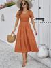 2024 Women Summer V Neck Short Sleeve Solid Color Dress European American Style Diyun Spring Fashion