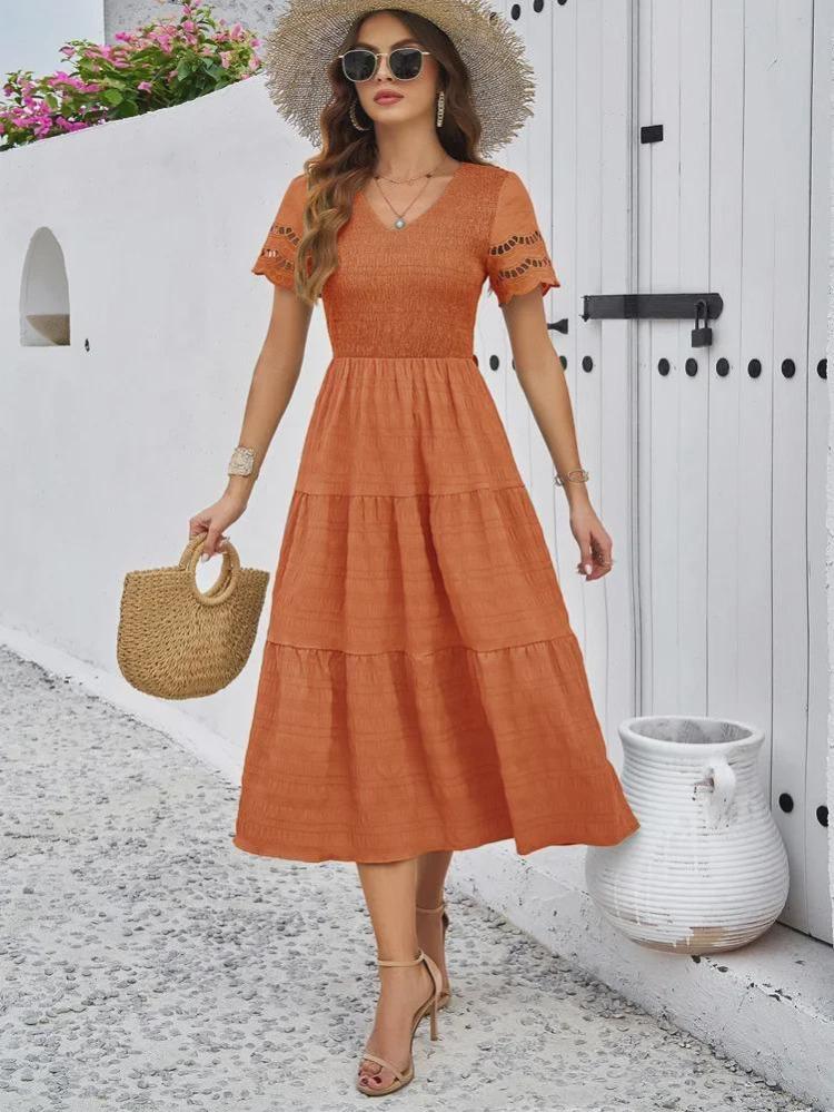 2024 Women Summer V Neck Short Sleeve Solid Color Dress European American Style Diyun Spring Fashion