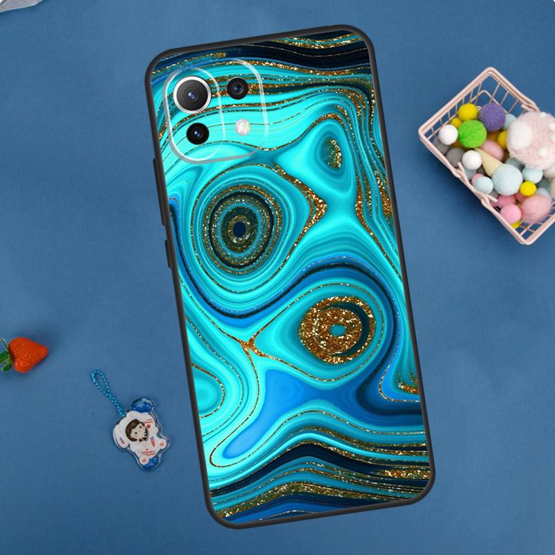 Gold Indigo Faux Malachite Case For Xiaomi 14 13 15 Ultra 11T 12T 13T 14T Pro POCO X7 Pro X3 X5 F5 F6 M6 X6 Pro Cover