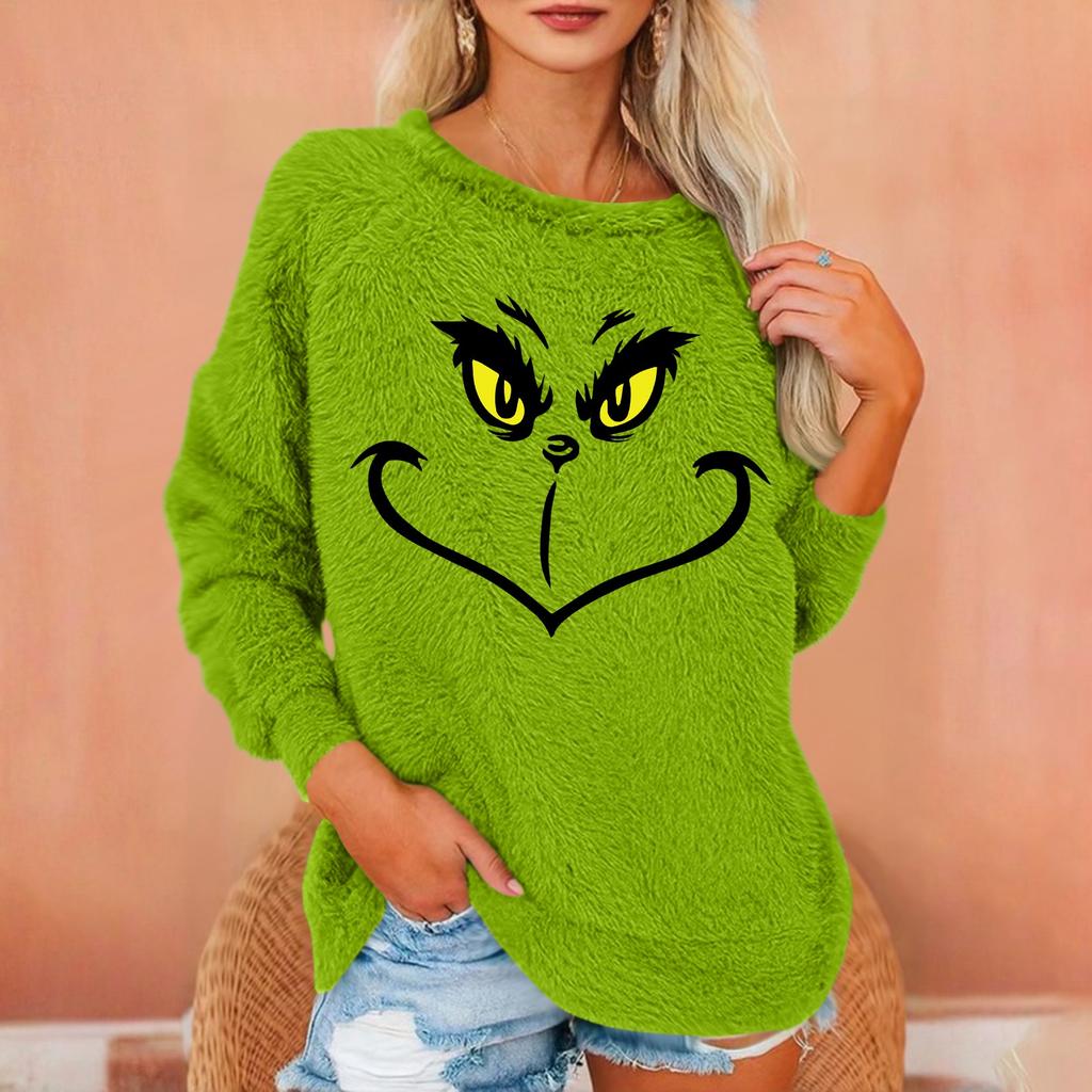 Womens Fuzzy Long Sleeve Pullover Crewneck Sweatshirt with Cartoon Face Print Casual Loose Fit Soft Warm Top for Autumn Winter