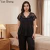 Plus Size Women Pajama Set Lace Ice Silk Short Sleeve Long Pants Milk Silk Loungewear Home Clothes