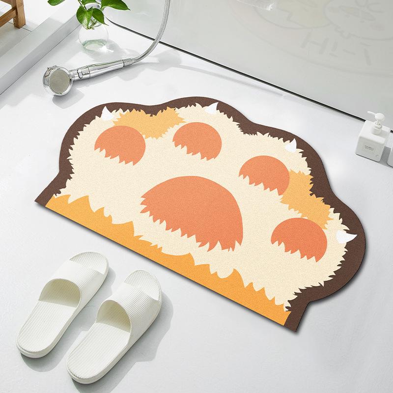 Cartoon Cat Paw Diatomaceous Earth Bathroom Floor Mat - Absorbent Foot Pad for Home and Toilet Entrance.